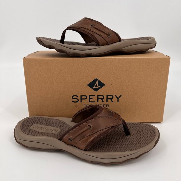 Sperry Outer Banks Thong Sandal Size 8 Brown Full-Grain Leather Men's Flip Flops - Picture 1 of 12